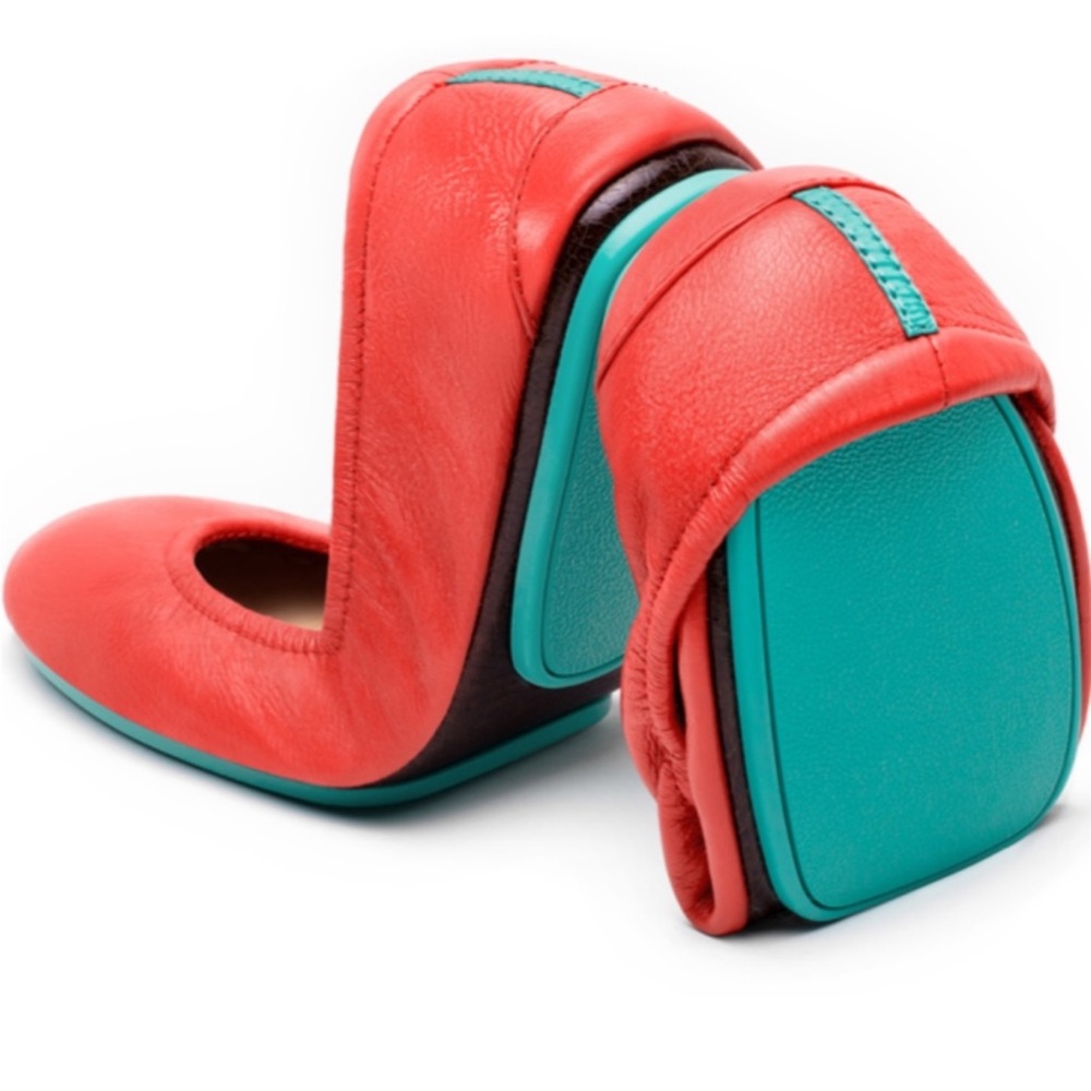Tieks Coral Red Ballet Flats with Turquoise Soles